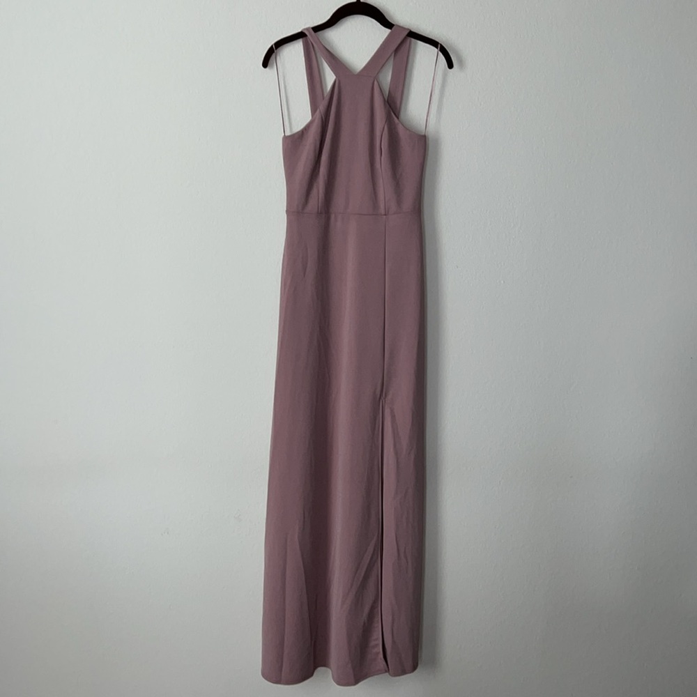 Birdy Grey Gene Dress Crepe Dark Mauve Halter Slit Maxi Dress NWT Wedding